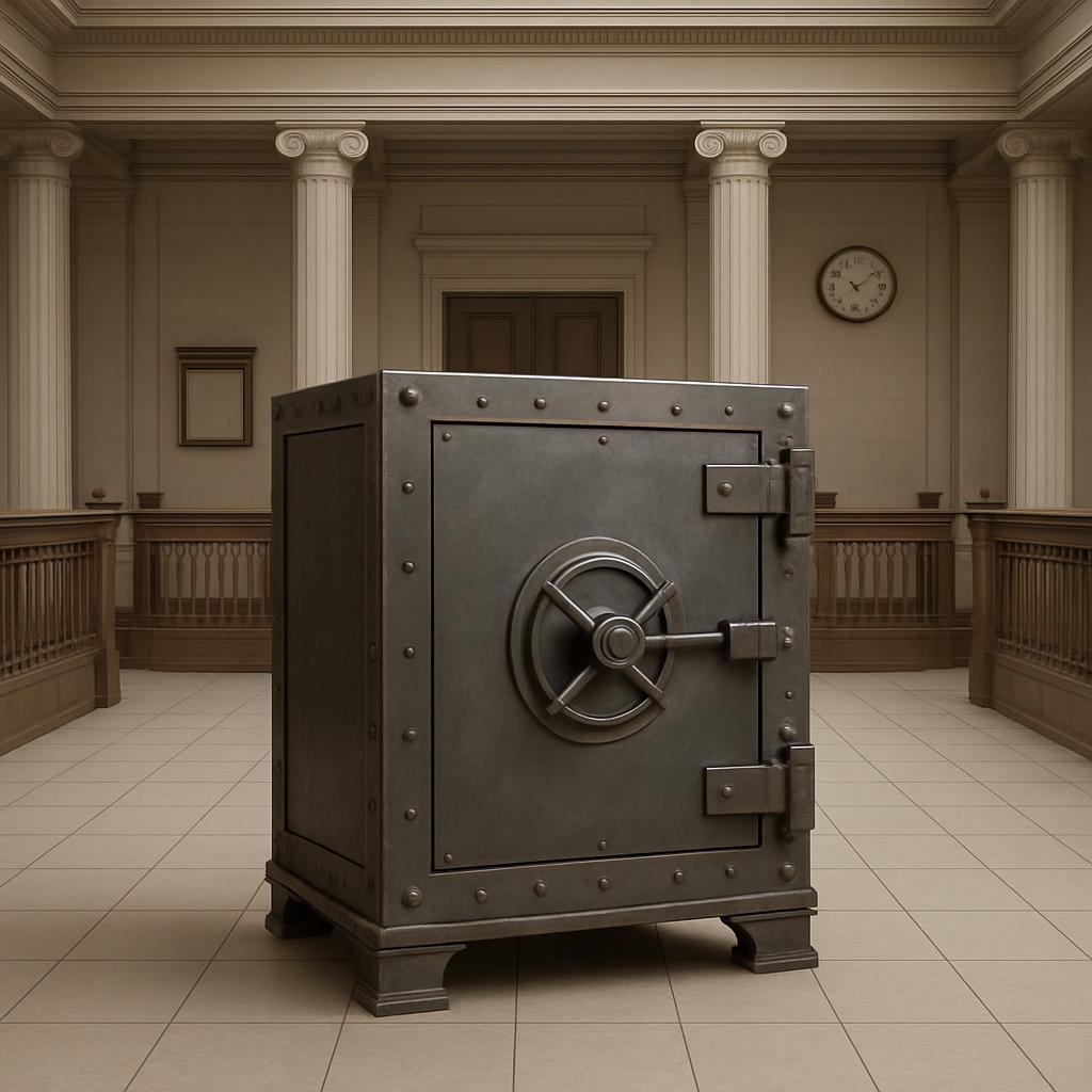 The image depicts a large safe positioned in front of a courtroom, surrounded by columns and featuring a clock on the wall.